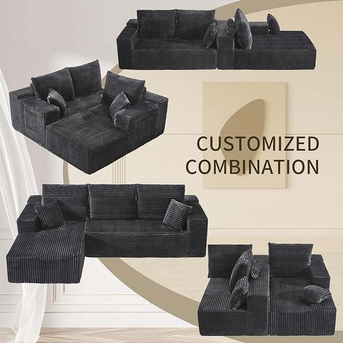 106'' Cloud Sectional Couch with L-Shape Chaise Boneless Modular Sofa with Deep Seat Modern Corduroy Couch for Living Room No Assembly Required. (Grey Right-Facing Chaise)