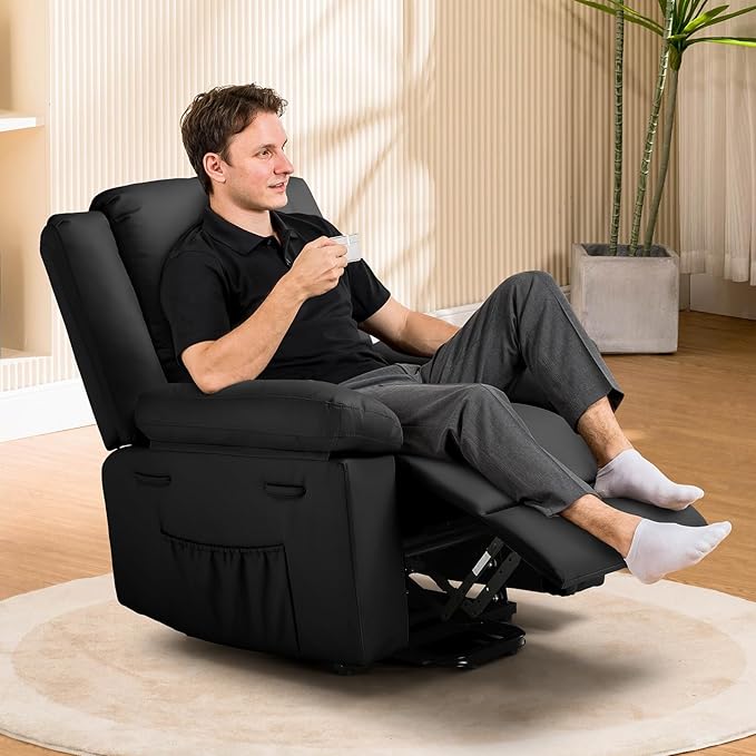 COMHOMA Power Lift Recliner for Elderly Lift Chair with Heat and MassagePU Recliner Sofa with 2 Side Pockets and Infinite Position for Living Room Black
