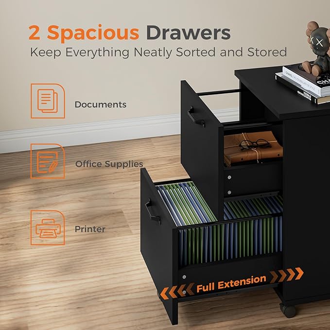 Sweetcrispy 2 Drawer Filing Cabinet Black Rolling Wood File Cabinets with Printer Stand Under Desk Storage Lockable Wheels Home Office Organizer