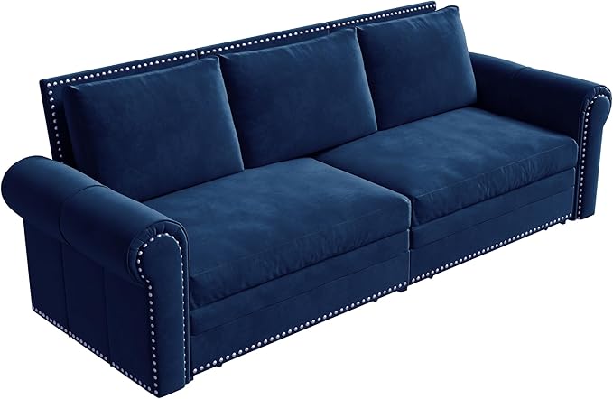 Ball &amp Cast 3-in-1 Convertible Sofa Bed93.7 Velvet Pull Out Couch Bed King Size Loveseat Sleeper Sofa with Nailhead Trim &amp Rolled ArmMulti-Functional Sofa Couches for Living RoomBlue
