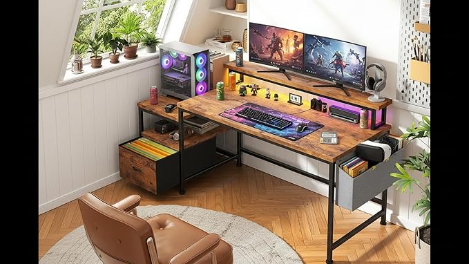 Computer Desk with Monitor StandOffice Desk with LED Lights &ampPower OutletsGaming Desk with Drawers &amp Printer ShelfWriting Table with Side Storage Bag57 W x 20 D x 36 HRustic Brown