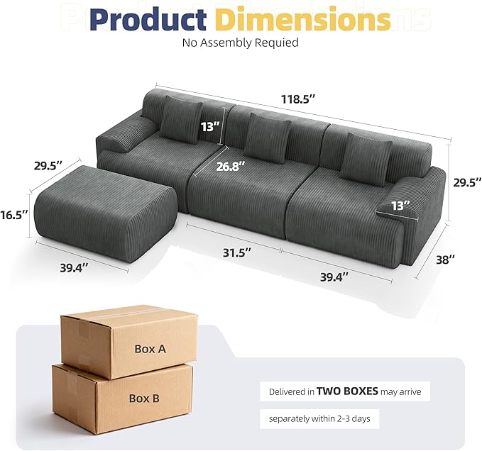 118 Modern L Shaped Modular Sectional Sofa Boneless Cloud Couch with Ottoman Oversized Corduroy Couch Deep Seat 30D Sponge for Indoor Living Room No Assembly Required(Gray)