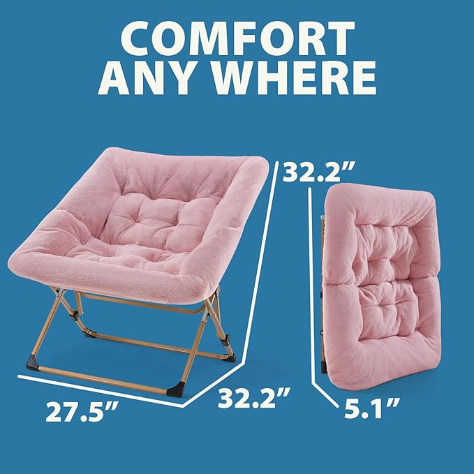 OAKHAM Comfy Chair for Adults Soft Faux Fur Folding Lounge for Bedroom Living Room Dorm Rooms Flexible Reading Chair for Teens Kids X-Large Foldable (Faux Fur-Pink)