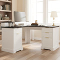 Modern Fluted L Shaped Executive Desk with Charging Station - 59 Home Office Corner Computer Desk with Monitor Stand File Drawer and Removable Support Shelf for Study Home Office (White)