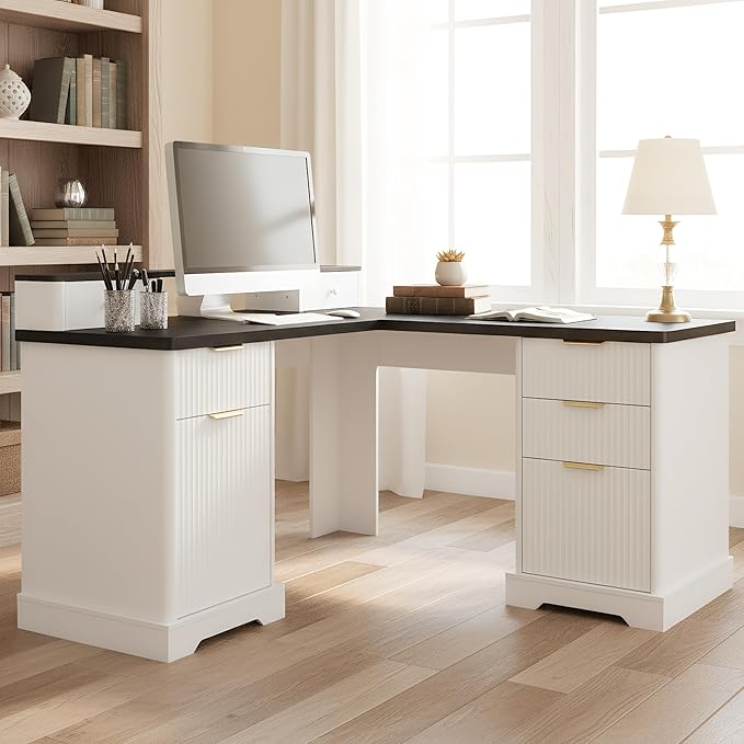 Modern Fluted L Shaped Executive Desk with Charging Station - 59 Home Office Corner Computer Desk with Monitor Stand File Drawer and Removable Support Shelf for Study Home Office (White)