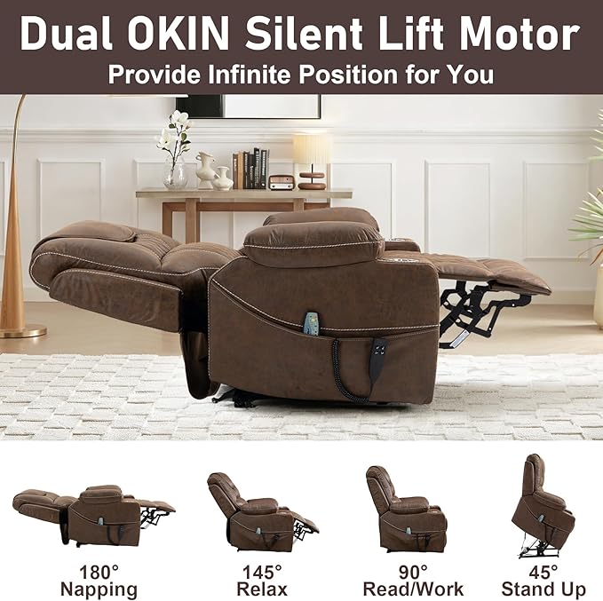 Oversized Power Lift Recliner Chair for Big and Tall 400 LBS 25 Large Electric Recliner Chair with Massage and Heating 180° Lay Flat Zero Gravity Recliner Sofa Leather Coffee Brown