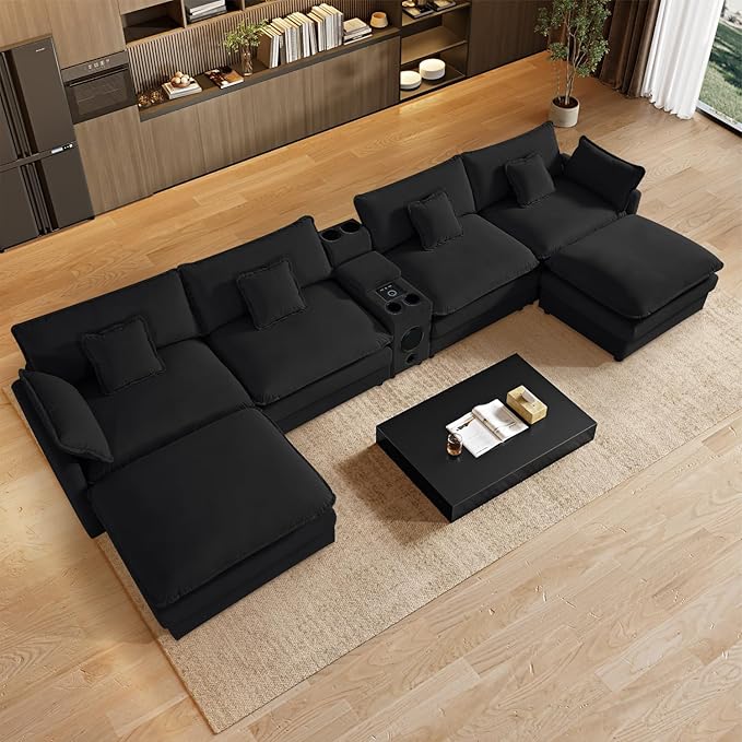 OUYESSIR 163U Shaped Cloud Couch SectionalsLarge Comfy Black Sectional Couches for Living RoomOversized Fluffy Modular Sectional SofasChenille Big 6 Seat Sofa Set USB Port Central Console Ottoman