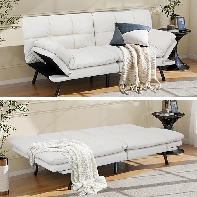 MUUEGM Futon Sofa Bed 71 Ivory Convertible Memory Foam Futon Couch Bed Modern Loveseat Sleeper with Adjustable Backrests Armrests for Living RoomSmall SpaceOffice