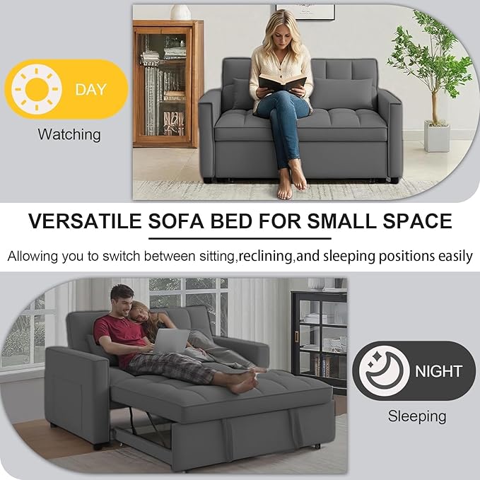 3 in 1 Convertible Sofa Bed Love Seat Sleeper Bed with Side Pockets Velvet Fabric Pull Out Couch with Adjustable Backrest for Living Room Bedroom Apartment Dark Gray