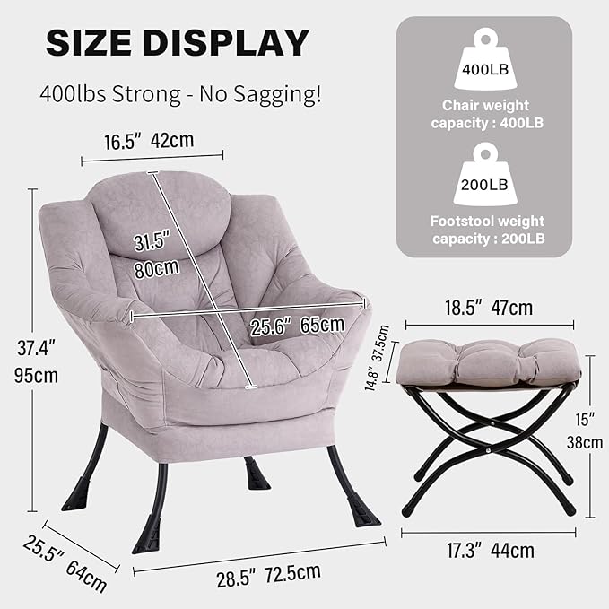 Tiita Modern Lazy Chair with Ottoman Large Accent Armchair Leisure Sofa Armchair with Footrest for Bedroom Living Room and Dorm Rooms