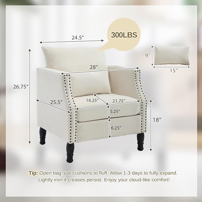 civama Linen Accent Chairs Set of 2 with Lumbar Pillow - Ergonomic Spring Support Upholstered Armchair 300LBS Capacity Nailhead Trim Easy Assembly for Living Room Bedroom Beige
