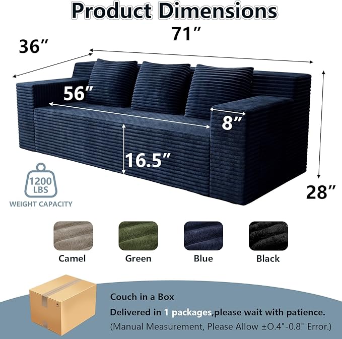71Cloud Loveseat SofaModern 2-Seater Boneless Couch with 3 Pillows &amp Side PocketSoft Corduroy Love seatCompressed FoamDeep SeatNo Assembly for Living RoomBedroomApartment(Flat Handrail Bl