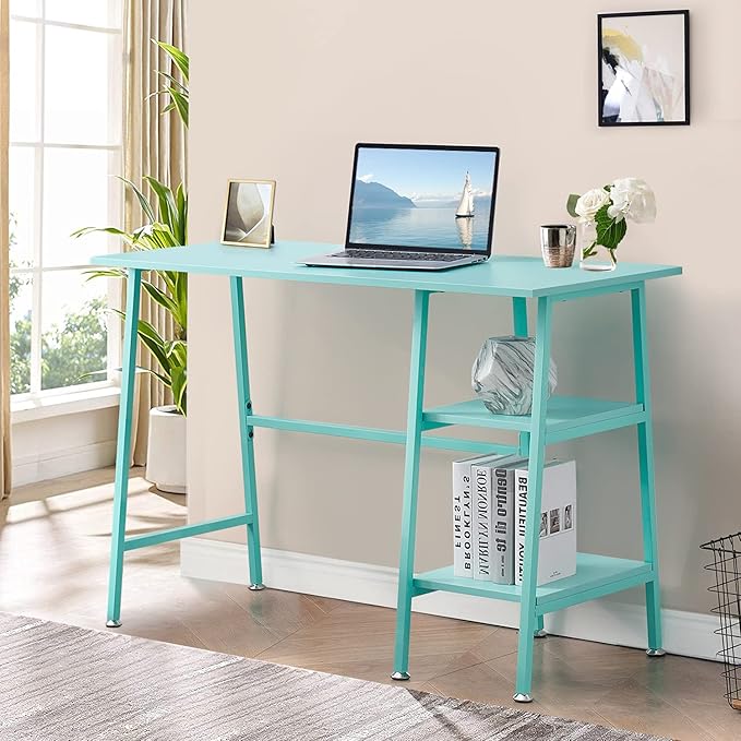 VECELO 43.1 Inch Computer Desk Home Office Blue Study Desk Work Office Table with Shelves Wooden Desk for Bedroom 2 Set