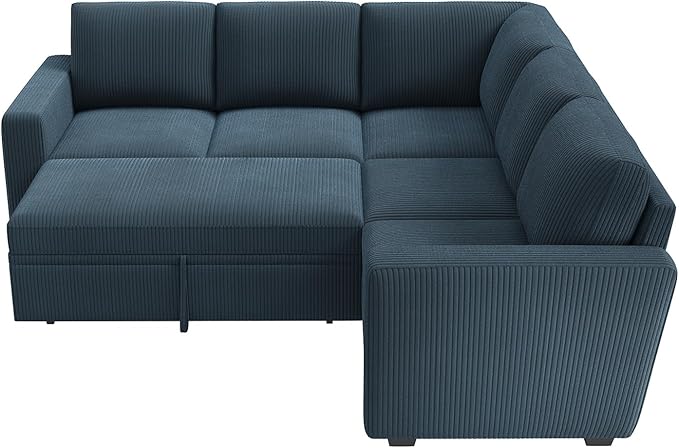 HONBAY Modular Sectional Sleeper Couch with Pull Out Bed Corduroy L Shaped Sofa with Storage Convertible Sectional Couches for Living Room Blue