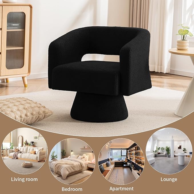 ClinQ Swivel Barrel Accent Chair Oversized Teddy Upholstered Round Swivel Chairs Set of 3 Modern Luxury 360° Living Room Vanity Chair for Bedroom Office&ampLiving Room Black