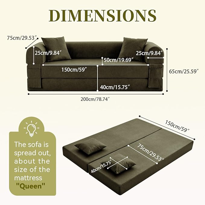 4-in-1 Folding Convertible Sofa Bed 78 Inch Faux Leather Boneless Couch Loveseat Sleeper with Pull Out Bed Floor Sofa Modular Futon Teddy Sofa for Living Room Bedroom Lounge Green