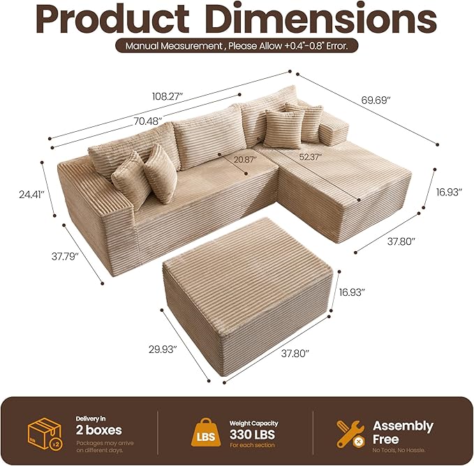 108 L Shaped Couch with Movable Ottoman Beige Boneless Memory Foam Modular Sectional Sofa with Right Facing Chaise Upholstered Corduroy U Couches for Living Room Bedroom No Assembly Required