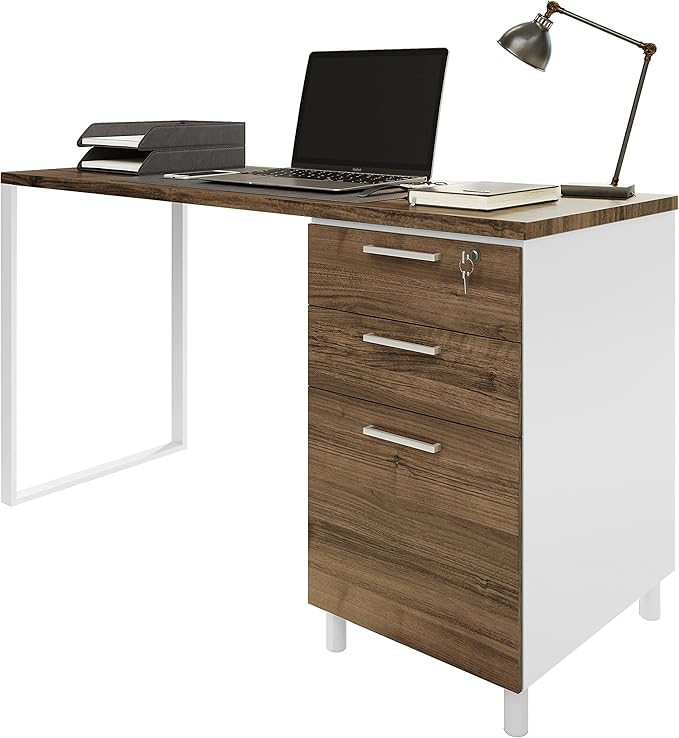 Modern Design Milano Office Desk with 3 Locking Drawers 48 Inch White and Walnut Industrial Wood Desk with Filing Drawer and Storage by Crafts and Comfort