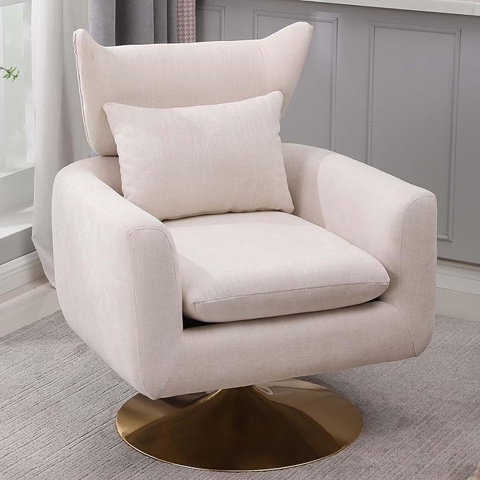 Swivel Accent Chairs for Living Room Mid Century Modern Accent Chair with Arms Comfy Side Chairs for Living Room with Gold Base &amp Lumbar Pillow Upholstered Armchair with Wingback (Beige)