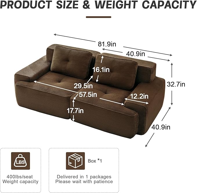 82'' Boneless Couch Modular Sectional Sofa Modern Sectional Couches for Living Room with Deep Seat Comfy Corduroy Cloud Couch Tufted Loveseat Small Sofa Couches Sleeper Sofas Brown