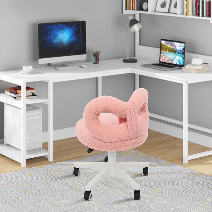 TrueyEssenceModern Vanity Chair with Wheels Roller Chair with Cute Butterfly Backrest Make-up Chair Comfortable Accent Chair for Living Room Bedroom Adjustable Height (Pink)