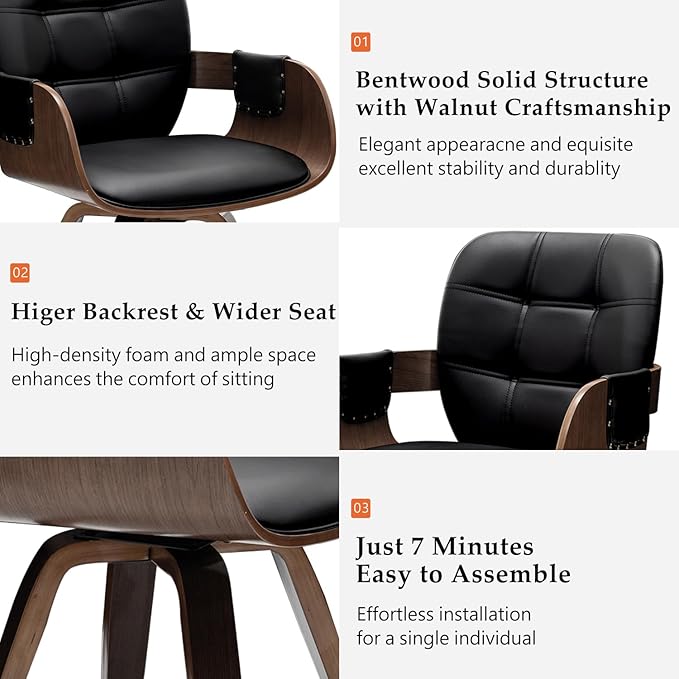 Set of 4 Mid Century Modern Chairs - Swivel Dining Chairs with Arms and Curved Back Faux Leather Reception Room Chairs Ideal for Kitchen/Living Room/Reception/Desk (Walnut Black)