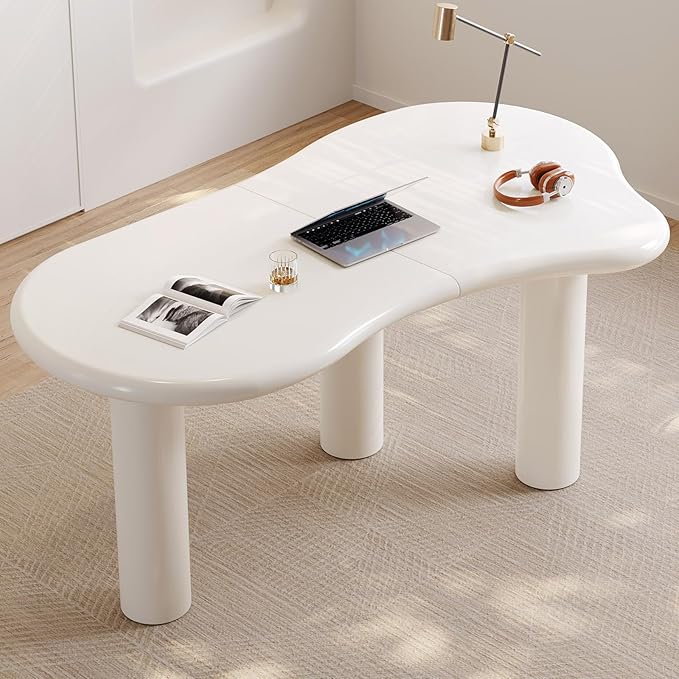 62.2 Home Office Desk Modern White Irregular Work Desk for Home Office Spacious Dining Table with Stable Support Legs for Kitchen Living Room Bedroom