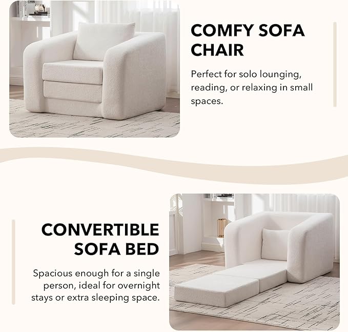 Convertible Sofa Bed Chenille Upholstered Pull Out Sofa Bed with Pillows 2-in-1 Sofa Chair with Minimalist Design Comfy Folding Mattress Couch for Apartment (Ivory Single Sofa Bed)