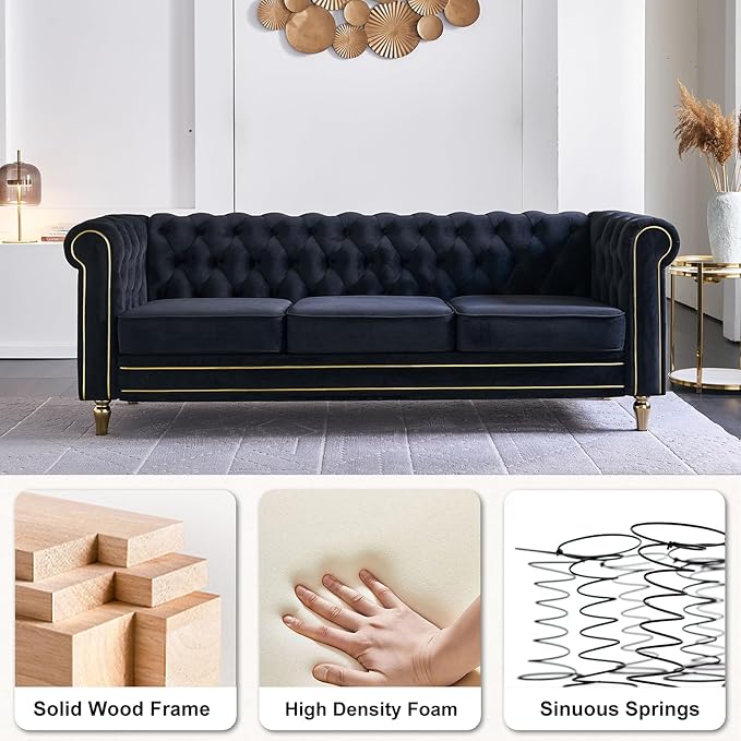 Homtique 84 Modern Couch for Living Room 3 Seater Comfy Velvet Sofa with Button Tufted Rolled Arms and Gold Legs Chesterfield Sofa for Home/Office Bedroom Black