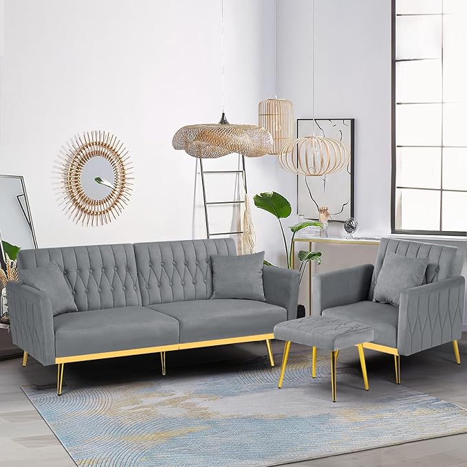 2 Pieces Velvet Sofa Set with Adjustable Armrest and Backrest 70” Convertible Futon Sofa Bed &amp Mordern Accent Chair with Ottoman for Living Room Bedroom Grey