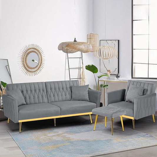 2 Pieces Velvet Sofa Set with Adjustable Armrest and Backrest 70” Convertible Futon Sofa Bed &amp Mordern Accent Chair with Ottoman for Living Room Bedroom Grey