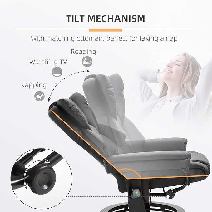 Massage Recliner Chair with Ottoman Footrest 10 Vibration Points 360° Swivel Reclining Chair Faux Leather Living Room Chair with Side Pocket and Remote Control Black
