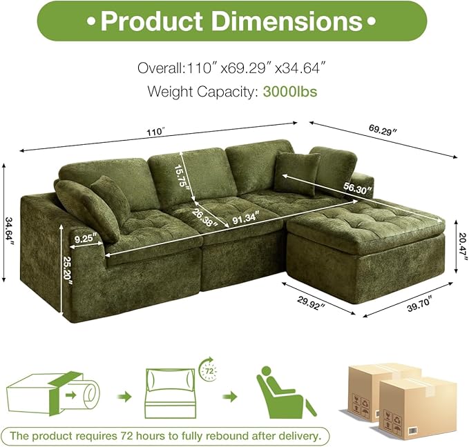 110 Cloud Sectional Couch for Living Room Upholstered L-Shape Modular Sofa with Movable Ottoman 3-Seater Deep-Seat Foam Couch Comfortable Convertible Sectional for Home &amp Apartment（Green）