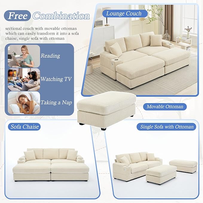 86.6 Sectional Sofa Couch with 2 Ottomans Comfy Corduroy Upholstered Cloud Modular Convertible Couch with Cup Holders and USB Armrest Storage Deep Seat Oversized Loveseat for Living Room Beige