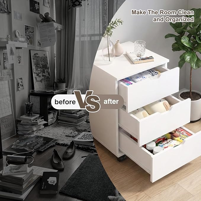 3 Drawer File Cabinet for Home Office 3-Drawer Vertical Filing Cabinet Rolling Wood Mobile File Cabinets Under Desk for Home Office with Casters (White)