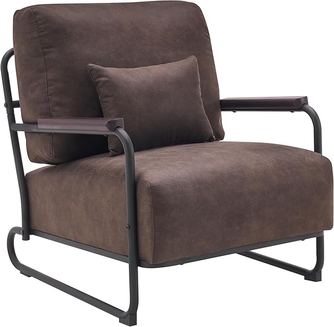 MCombo Modern Accent Chairs Upholstered Reading Chair Wooden Armrests Guest Chair for Living Room Bedroom Office HQ102 (1 Brown)