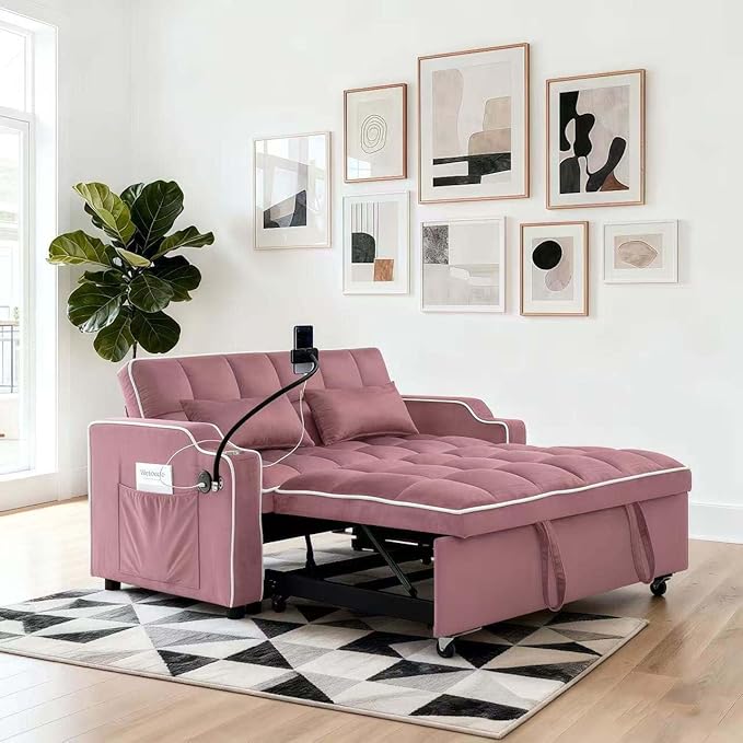 Loveseat Sofa Bed with USB Ports Phone Holder &amp Cup Holders | Convertible Futon Couch for Small Spaces Pull-Out Sleeper Sofa for Living Room &amp Apartments (Pink)