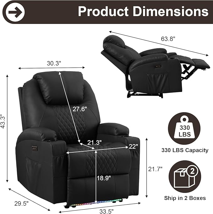 AHMED Power Recliner Chair with Vibration Massage &amp Heat for Adults Faux Leather Home Theater Seating with Cup Holders/LED Lights/USB Ports/Side Pockets for Living Room Black