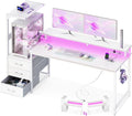 Casaottima 59 Inch Gaming Desk with USB Charging Ports &amp LED Light - Reversible Computer Desk with 3 Fabric Drawers Monitor Stand CPU Stand and Side Hook Modern Office Desk White