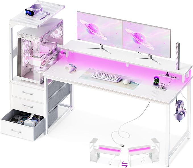 Casaottima 59 Inch Gaming Desk with USB Charging Ports &amp LED Light - Reversible Computer Desk with 3 Fabric Drawers Monitor Stand CPU Stand and Side Hook Modern Office Desk White