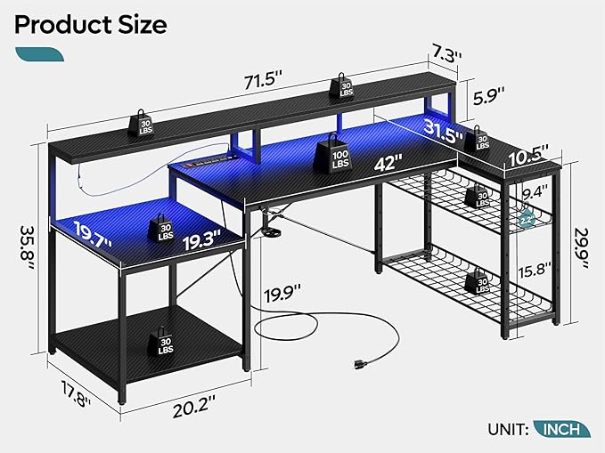 Bestier Gaming Desk with Power Outlet 71.5 inch LED Computer Desk with Monitor Stand L Shaped Large Desk with Metal Shelf Cup Holder &amp Headset Hooks Corner Desk for Bedroom 3D Carbon Fiber