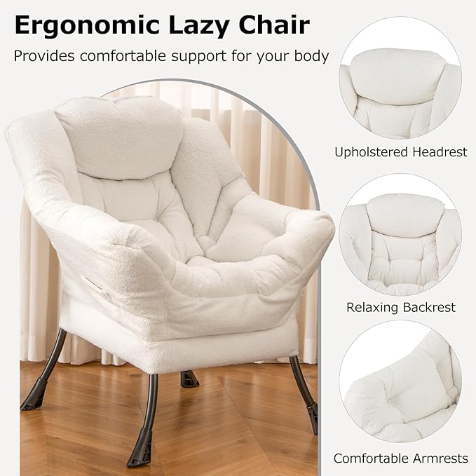 Giantex Set of 2 Lazy Chairs Modern Sherpa Accent Chair w/Upholstered Single Sofa Chair w/Armrests &amp Side Pocket Leisure Reading Lounge Chair for Living Room Bedroom Office Dorm (White)