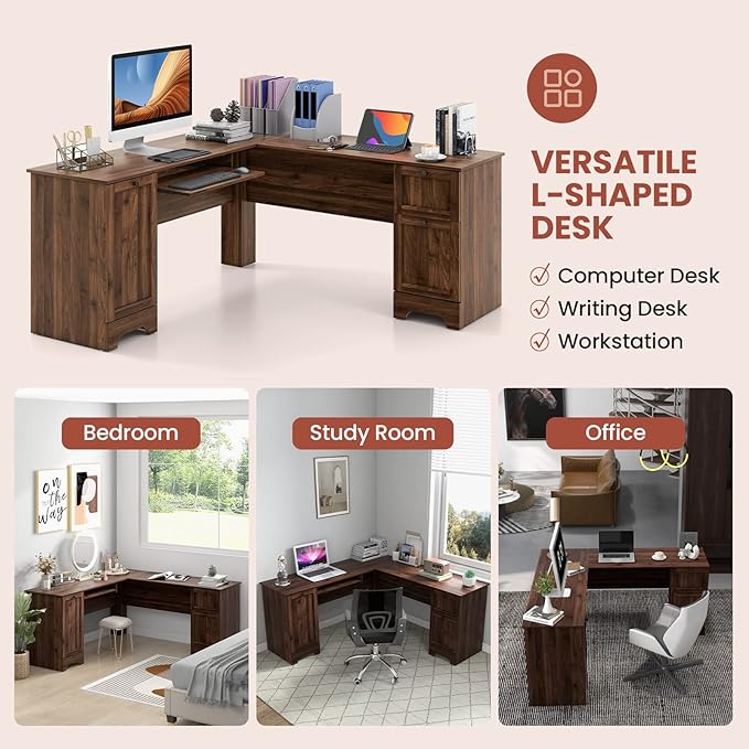 Tangkula L-Shaped Office Desk with Storage Drawers &amp Keyboard Tray Home Office Corner Computer Desk with Cabinet &amp Inner Adjustable Shelf Space-Saving Study Writing Desk Computer Workstatio