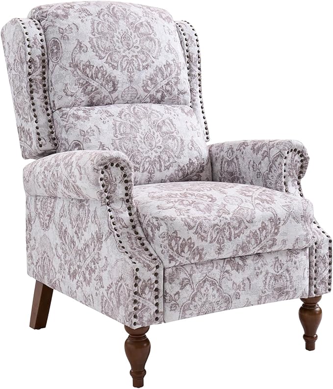 Pushback Recliner Chair Upholstered Floral Fabric Wingback Chair Single Sofa Accent Chair with Lumbar Support and Rivet Decoration for Living Room Bedroom Beige Floral