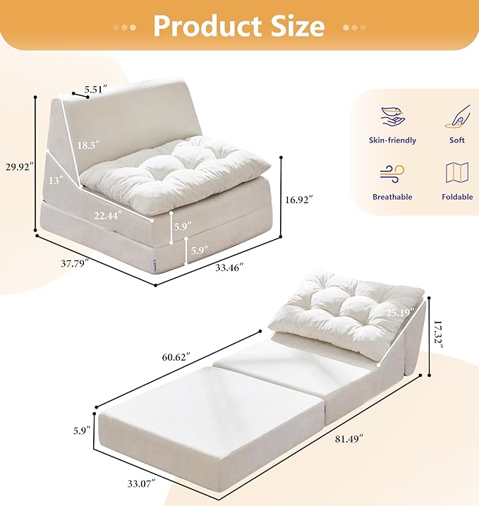 Hobestluk Sofa Couch Folding Sofa Bed Comfy Floor Lounger Convertible Sofa with Removable Cushion Couches for Small Spaces Foldable Mattress for Living Room Bedroom or Office (Chenille Beige Large)