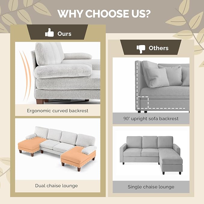 VINGLI 110' U-Shaped Sectional Couch with Two Chaise Affordable Small Sofa with 4 Seats Chenille Fabric Comfy Couches for Living Room Beige