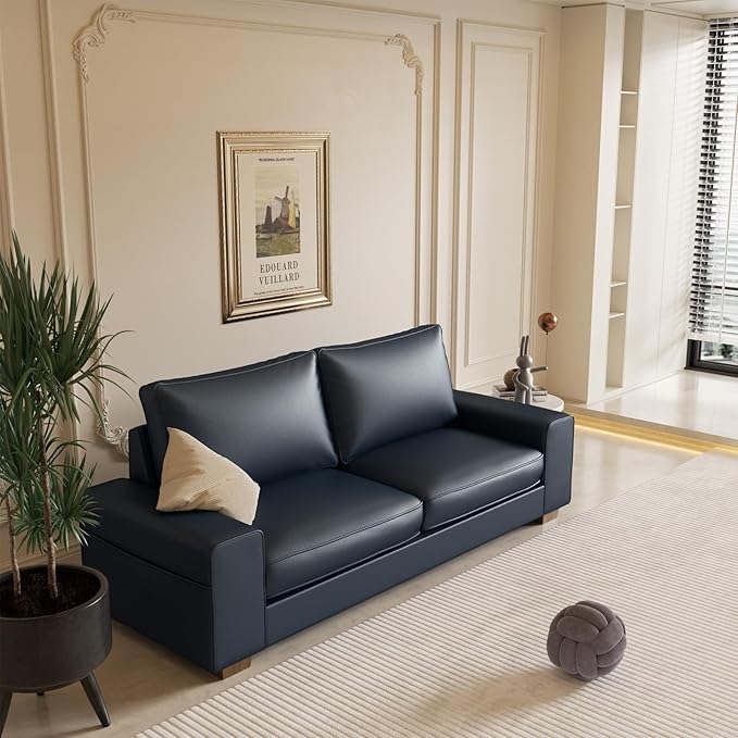 Faux Leather Couch Mid Century Modern Comfy Loveseat Sofa with Wide Arm Side Pockets Solid Wooden Frame for Office Living Room and Bedroom 3 Seater (Blue 88.58 inches)