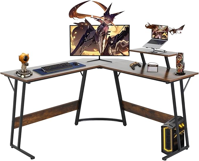 51 Inch L Shaped Gaming Desk Corner Computer Desk with Detachable Monitor Stand for Home Office Learning Gaming WorkstationBrown