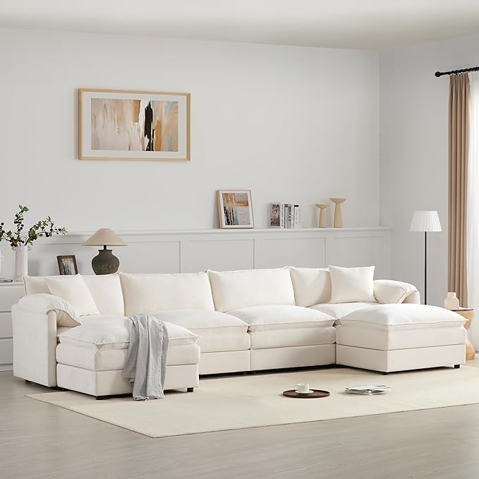 136 Chenille U-Shaped Modular Sectional Sofa with Deep and Wide SeatCloud Couch Set with Double Cushions6 Seat Sofa with Movable Ottomanfor Living Room Apartment Office (Cream#h)