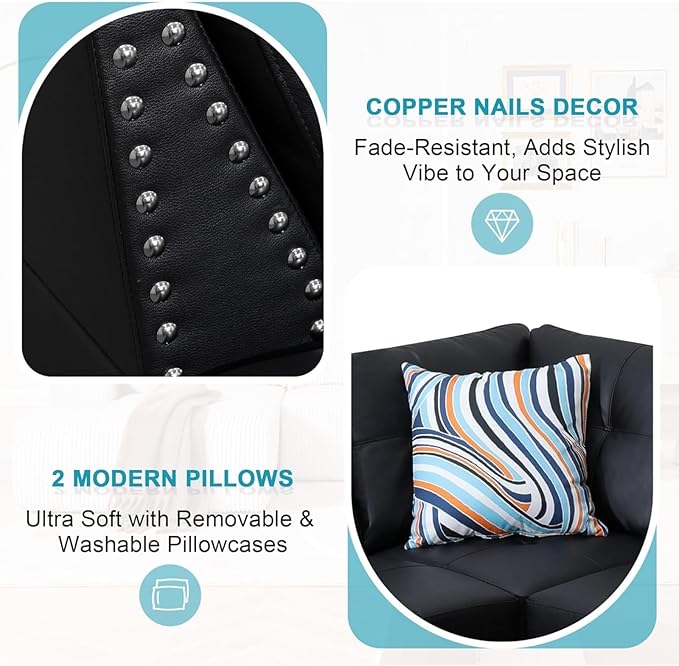 103.5 Inch Black Leather Sofa L Shaped Leather Couch Modern Modular Couch for Living Room and Office Furniture